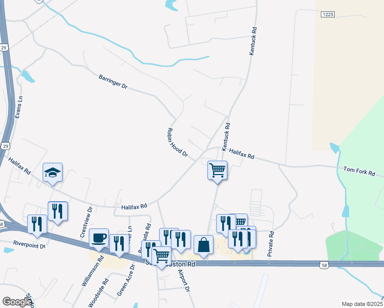 map of restaurants, bars, coffee shops, grocery stores, and more near 2100 Robin Hood Drive in Danville