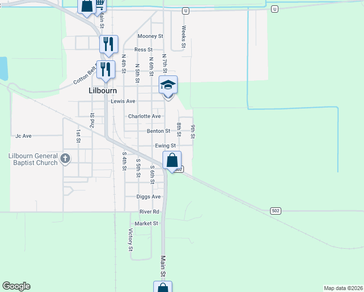 map of restaurants, bars, coffee shops, grocery stores, and more near 314 8th Street in Lilbourn