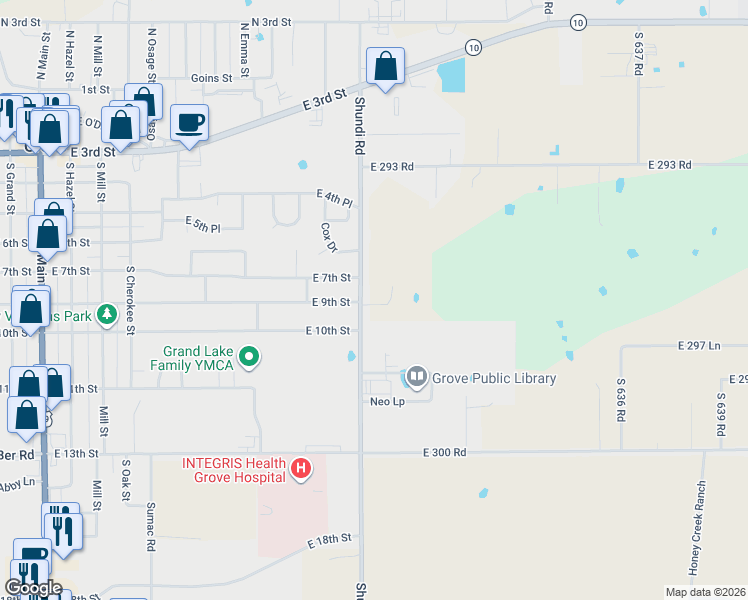 map of restaurants, bars, coffee shops, grocery stores, and more near 29670 South 630 Road in Grove