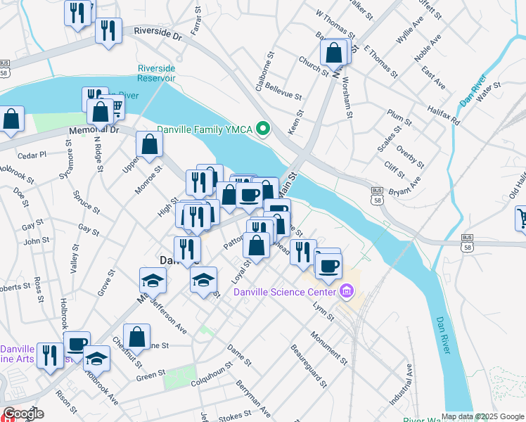 map of restaurants, bars, coffee shops, grocery stores, and more near 215 Main Street in Danville