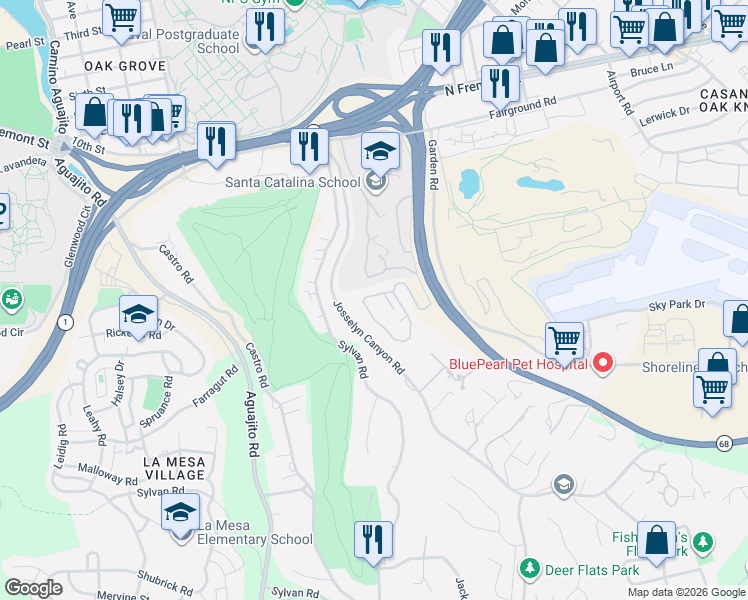 map of restaurants, bars, coffee shops, grocery stores, and more near 89 Montsalas Drive in Monterey