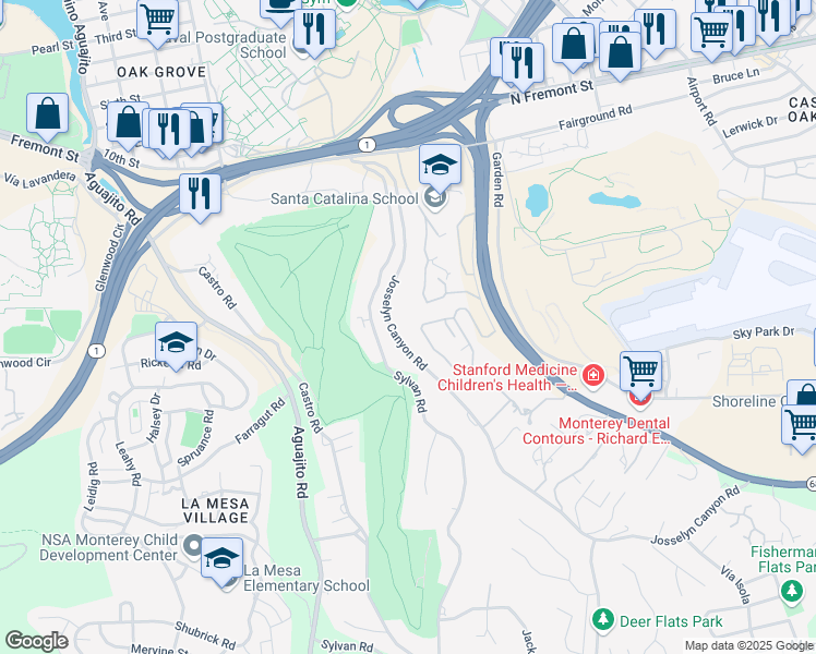map of restaurants, bars, coffee shops, grocery stores, and more near 41 Montsalas Drive in Monterey