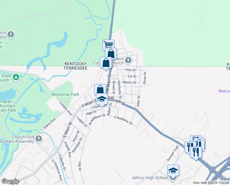 map of restaurants, bars, coffee shops, grocery stores, and more near 222 Broad Street in Jellico