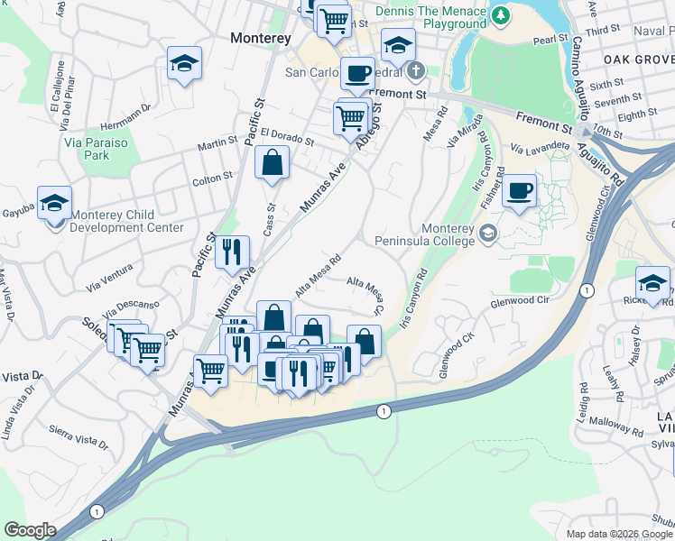 map of restaurants, bars, coffee shops, grocery stores, and more near 2 Alta Mesa Circle in Monterey