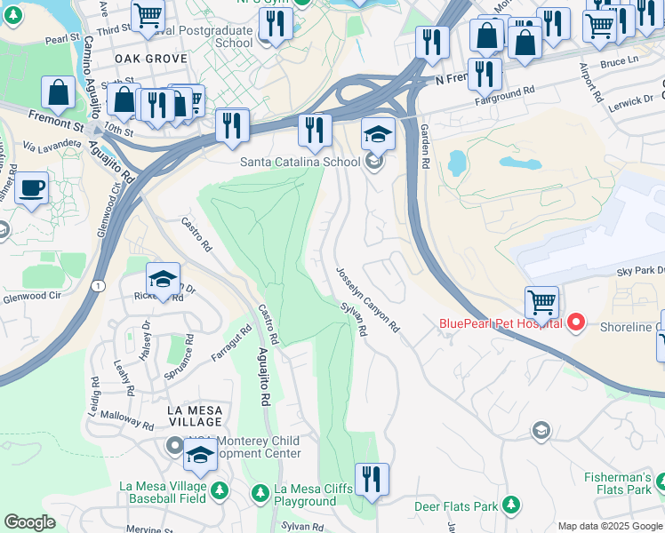map of restaurants, bars, coffee shops, grocery stores, and more near 1166 Josselyn Canyon Road in Monterey