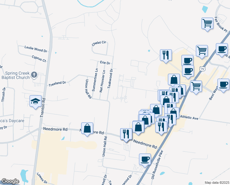 map of restaurants, bars, coffee shops, grocery stores, and more near 2845 Cobalt Drive in Clarksville
