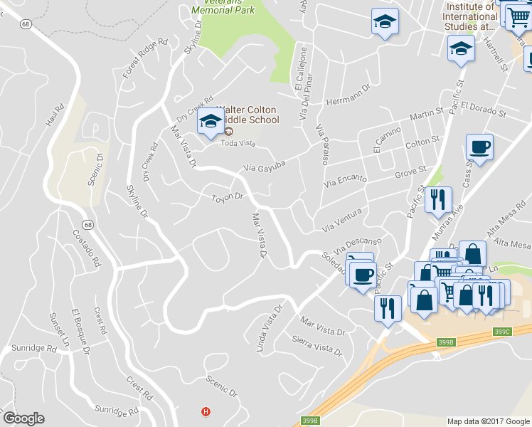 map of restaurants, bars, coffee shops, grocery stores, and more near 241 Soledad Drive in Monterey
