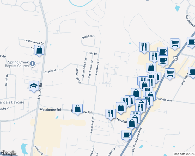 map of restaurants, bars, coffee shops, grocery stores, and more near 2803 Teakwood Drive in Clarksville