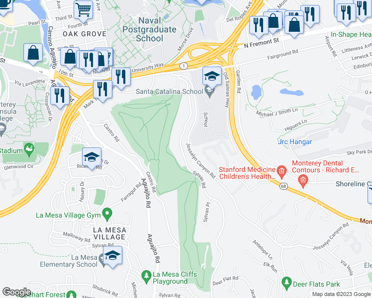 map of restaurants, bars, coffee shops, grocery stores, and more near 1166 Josselyn Canyon Road in Monterey