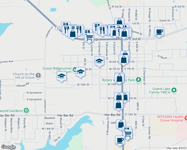 map of restaurants, bars, coffee shops, grocery stores, and more near 320 8th Street in Grove