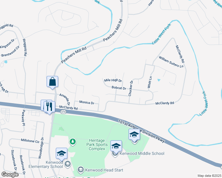 map of restaurants, bars, coffee shops, grocery stores, and more near 1018 Bobcat Drive in Clarksville