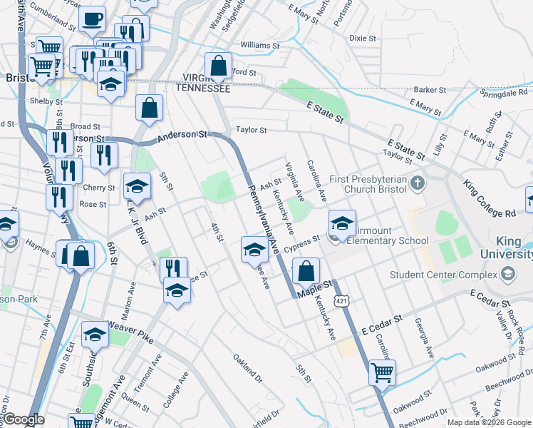 map of restaurants, bars, coffee shops, grocery stores, and more near 607 Pennsylvania Avenue in Bristol