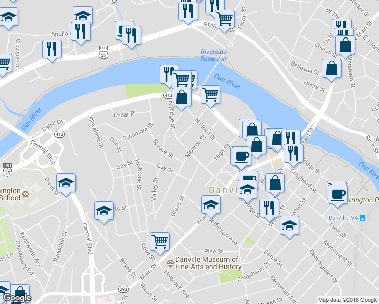 map of restaurants, bars, coffee shops, grocery stores, and more near 701 Monroe Street in Danville