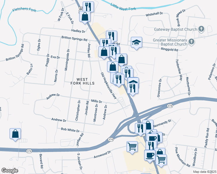 map of restaurants, bars, coffee shops, grocery stores, and more near Old Hopkinsville Highway in Clarksville