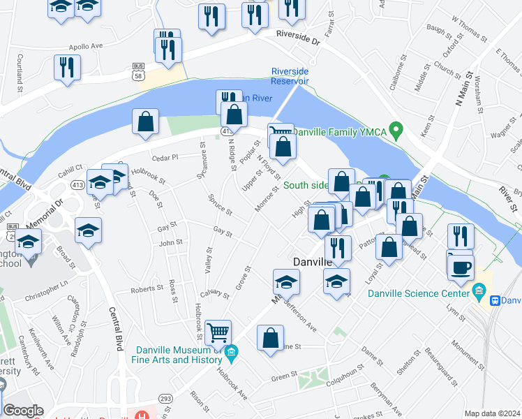 map of restaurants, bars, coffee shops, grocery stores, and more near 342 North Ridge Street in Danville