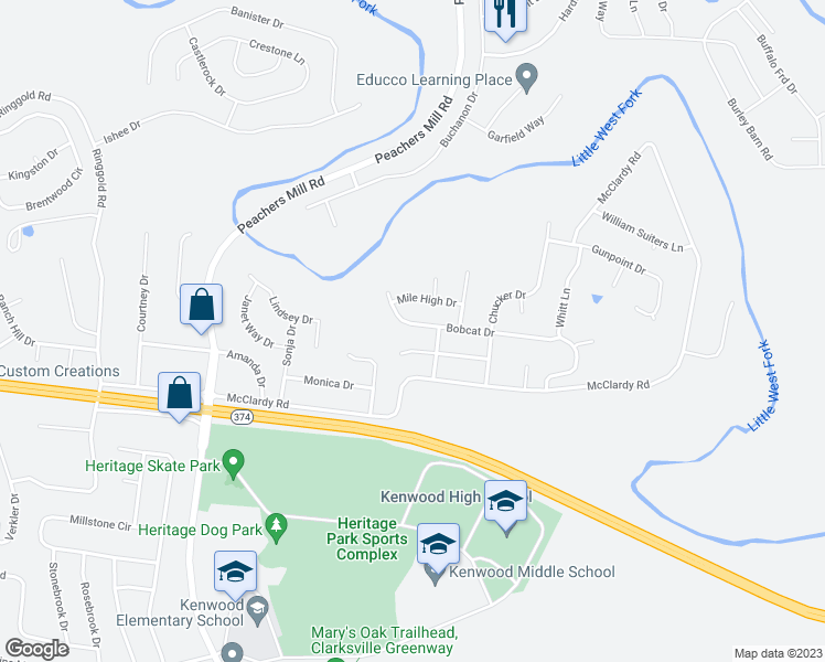 map of restaurants, bars, coffee shops, grocery stores, and more near 1014 Bobcat Drive in Clarksville