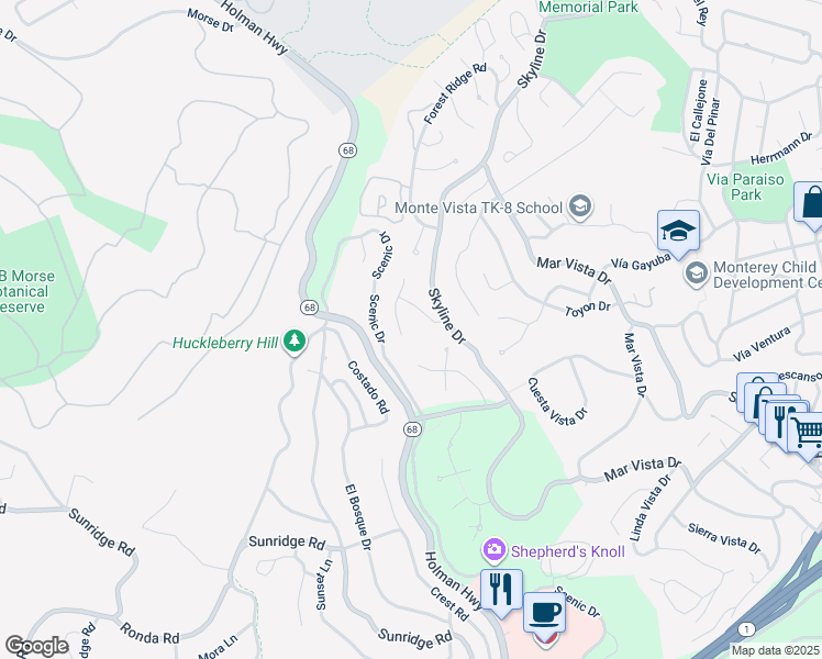 map of restaurants, bars, coffee shops, grocery stores, and more near 7 Wyndemere Vale in Monterey