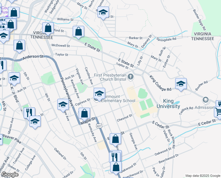map of restaurants, bars, coffee shops, grocery stores, and more near 728 Georgia Avenue in Bristol