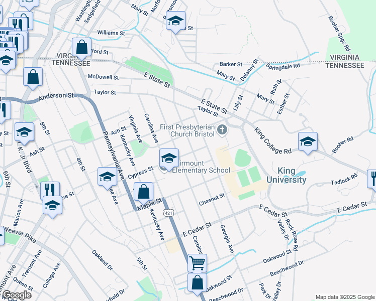 map of restaurants, bars, coffee shops, grocery stores, and more near 728 Georgia Avenue in Bristol
