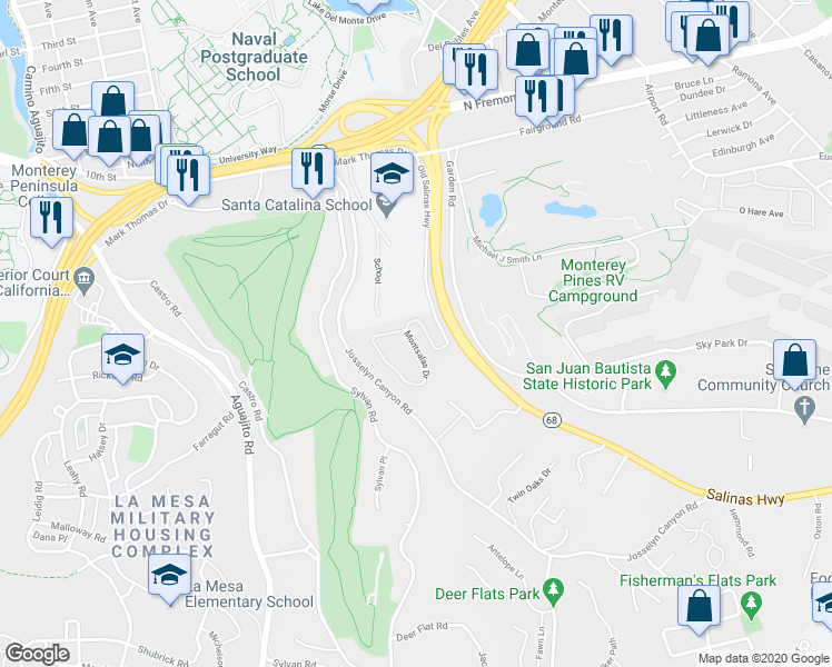 map of restaurants, bars, coffee shops, grocery stores, and more near 5 Montsalas Drive in Monterey