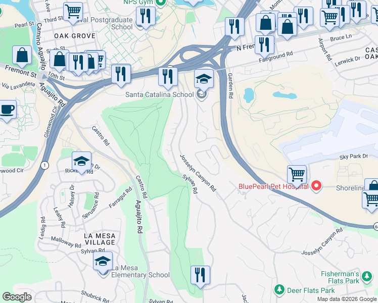 map of restaurants, bars, coffee shops, grocery stores, and more near 1176 Josselyn Canyon Road in Monterey