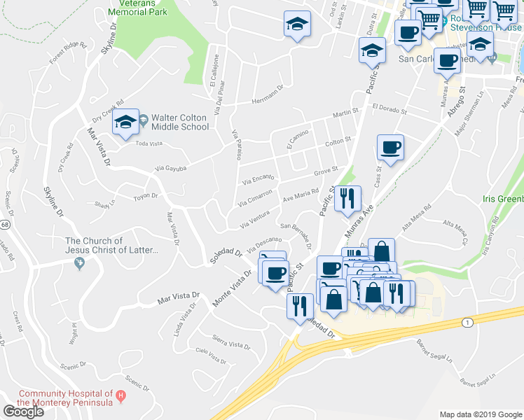 map of restaurants, bars, coffee shops, grocery stores, and more near 61 Vía Ventura in Monterey