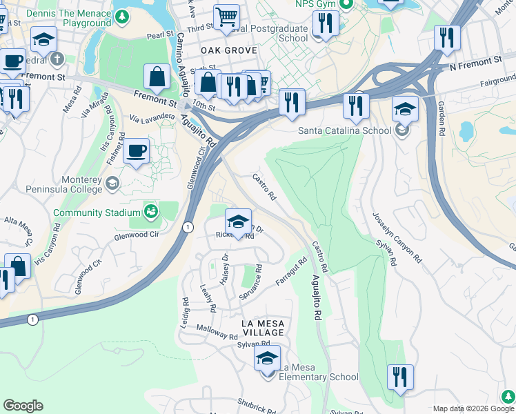 map of restaurants, bars, coffee shops, grocery stores, and more near 1296 Aguajito Road in Monterey