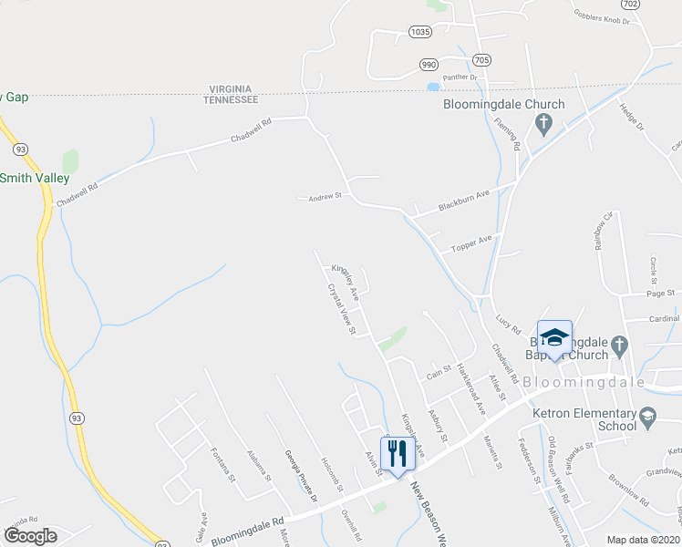 map of restaurants, bars, coffee shops, grocery stores, and more near 425 Kingsley Avenue in Kingsport