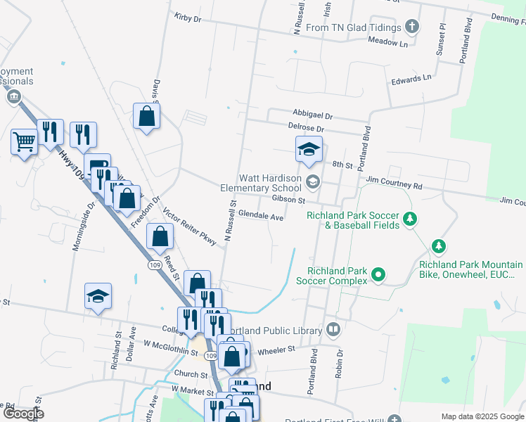 map of restaurants, bars, coffee shops, grocery stores, and more near 203A Glendale Avenue in Portland