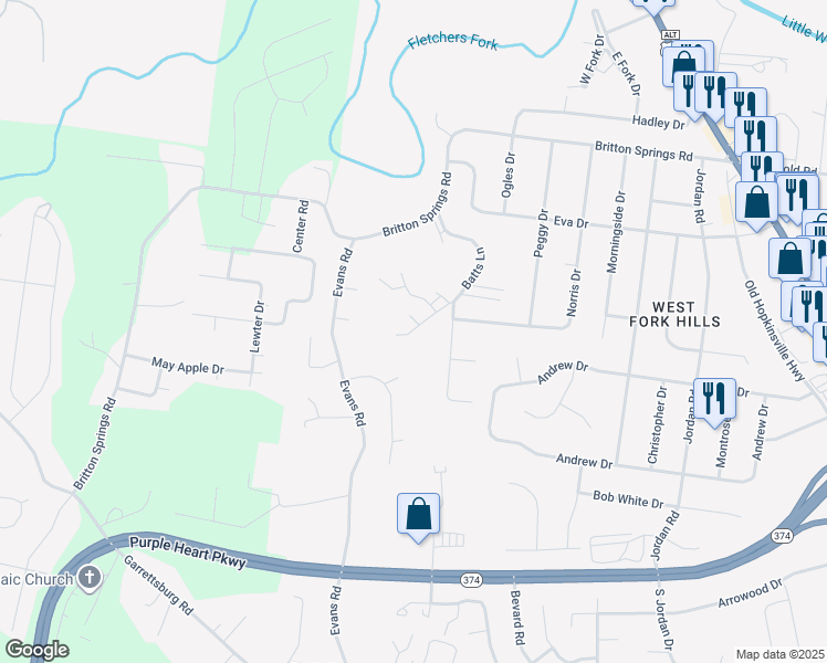 map of restaurants, bars, coffee shops, grocery stores, and more near 1909 Batts Lane in Clarksville