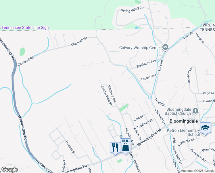map of restaurants, bars, coffee shops, grocery stores, and more near 425 Kingsley Avenue in Kingsport