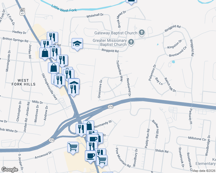 map of restaurants, bars, coffee shops, grocery stores, and more near 1882 Timberline Way in Clarksville