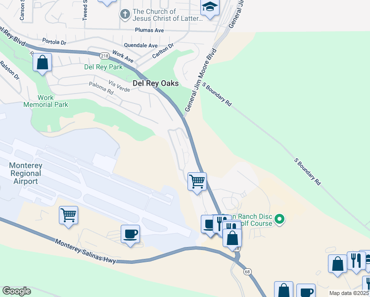 map of restaurants, bars, coffee shops, grocery stores, and more near 410 Quail Run Court in Monterey