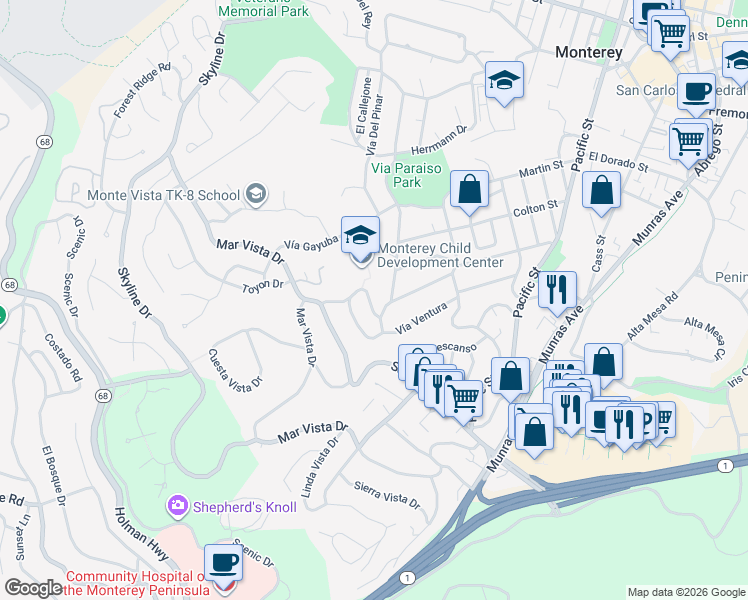 map of restaurants, bars, coffee shops, grocery stores, and more near 340 Vía Paraiso in Monterey
