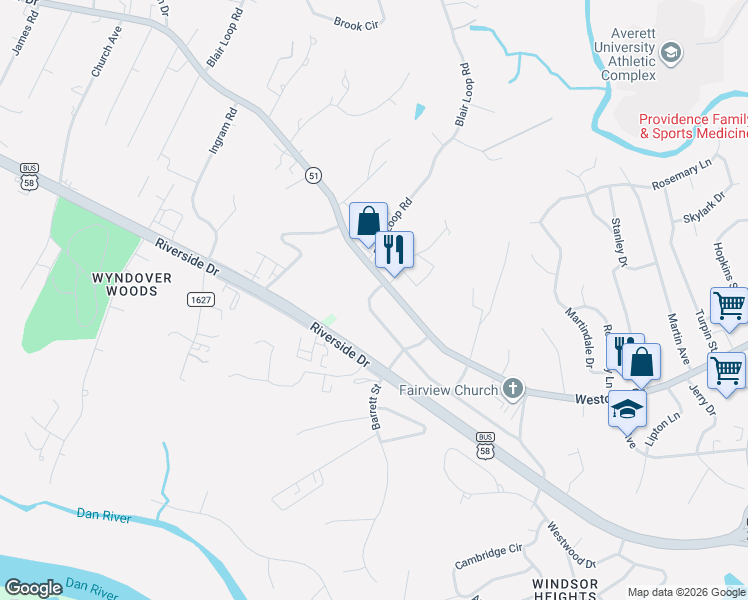 map of restaurants, bars, coffee shops, grocery stores, and more near 402 Wade Street in Danville