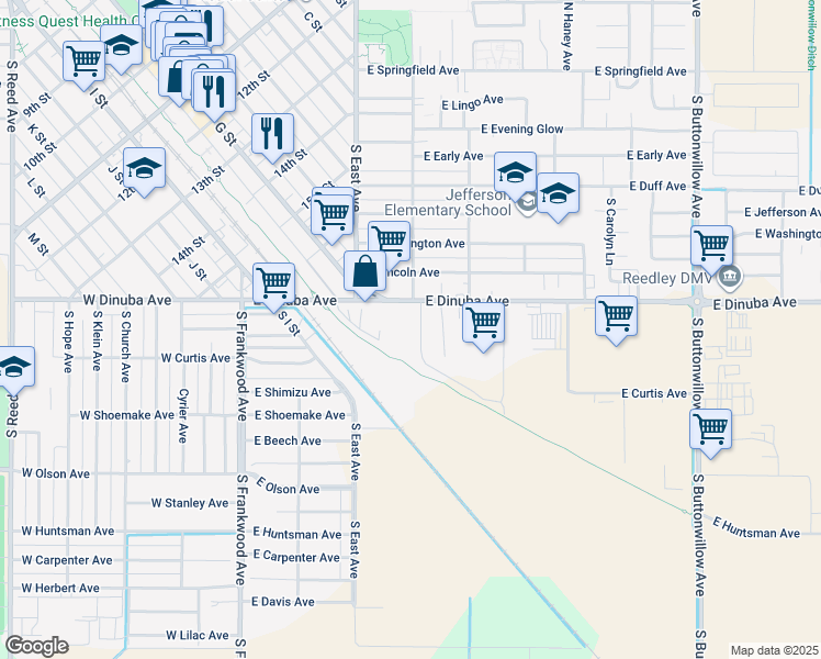 map of restaurants, bars, coffee shops, grocery stores, and more near in Reedley