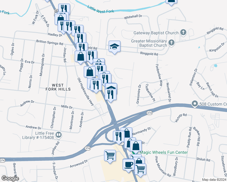 map of restaurants, bars, coffee shops, grocery stores, and more near 21 Millswood Drive in Clarksville