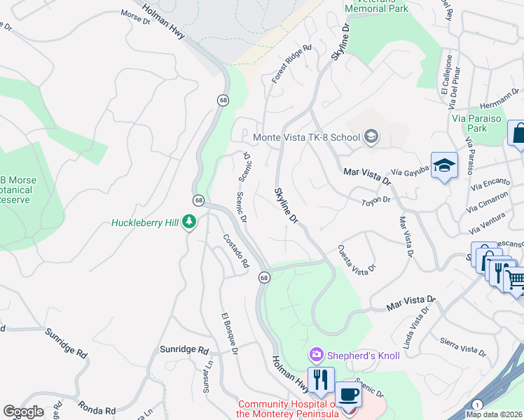 map of restaurants, bars, coffee shops, grocery stores, and more near 24 Wyndemere Way in Monterey