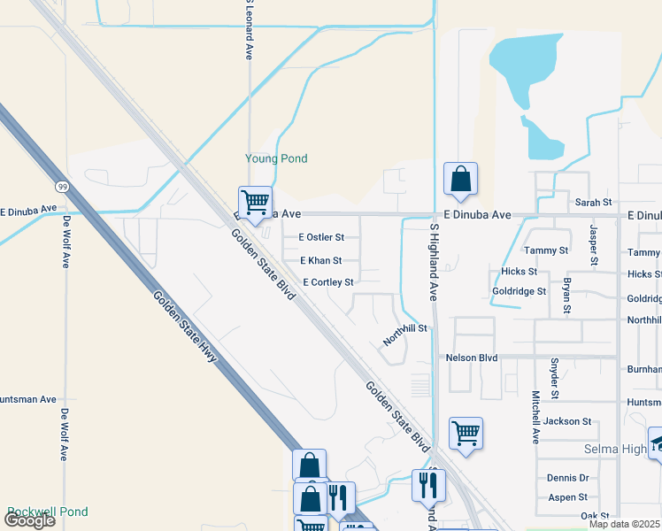 map of restaurants, bars, coffee shops, grocery stores, and more near 8687 East Khan Street in Selma