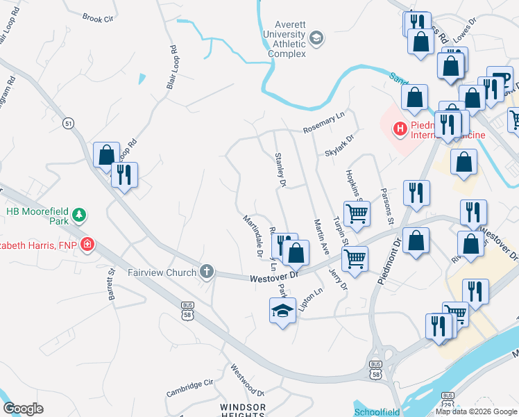 map of restaurants, bars, coffee shops, grocery stores, and more near 128 Grandin Court in Danville
