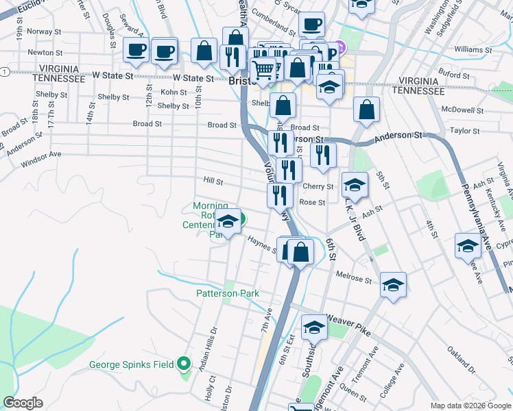 map of restaurants, bars, coffee shops, grocery stores, and more near 824 Hill Street in Bristol