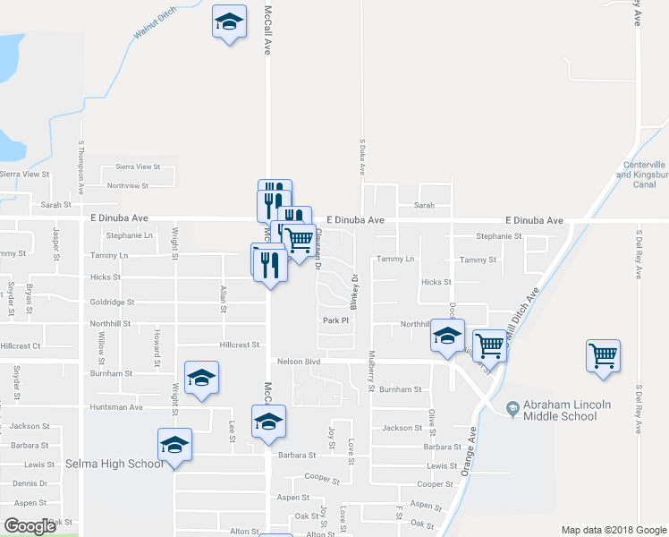 map of restaurants, bars, coffee shops, grocery stores, and more near B Court in Selma