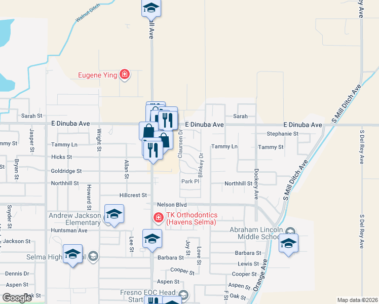 map of restaurants, bars, coffee shops, grocery stores, and more near 1701 East Dinuba Avenue in Selma