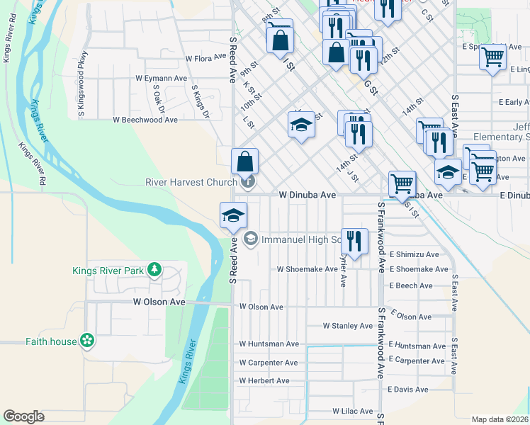 map of restaurants, bars, coffee shops, grocery stores, and more near 927 South Hope Avenue in Reedley