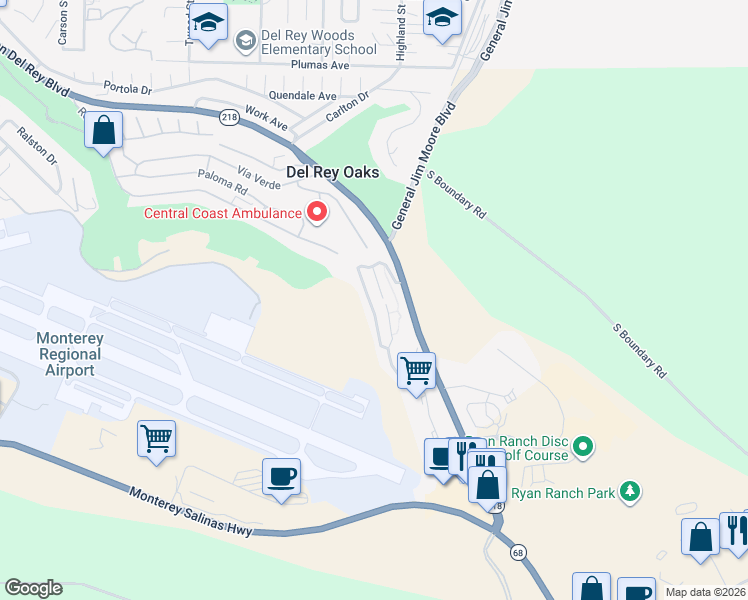map of restaurants, bars, coffee shops, grocery stores, and more near 210 Quail Run Court in Del Rey Oaks