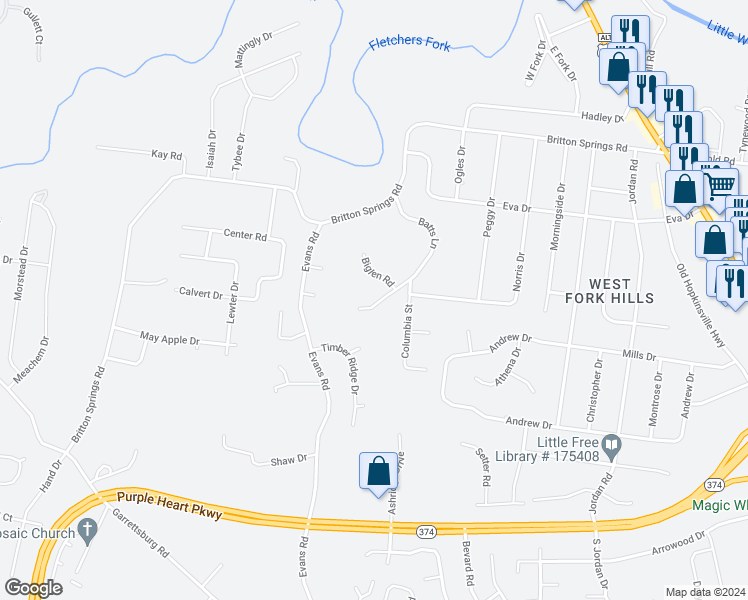 map of restaurants, bars, coffee shops, grocery stores, and more near 806 Biglen Road in Clarksville