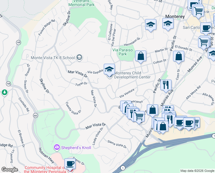 map of restaurants, bars, coffee shops, grocery stores, and more near 251 Soledad Drive in Monterey