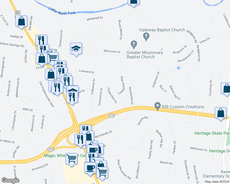 map of restaurants, bars, coffee shops, grocery stores, and more near 102 Eaglewood Court in Clarksville