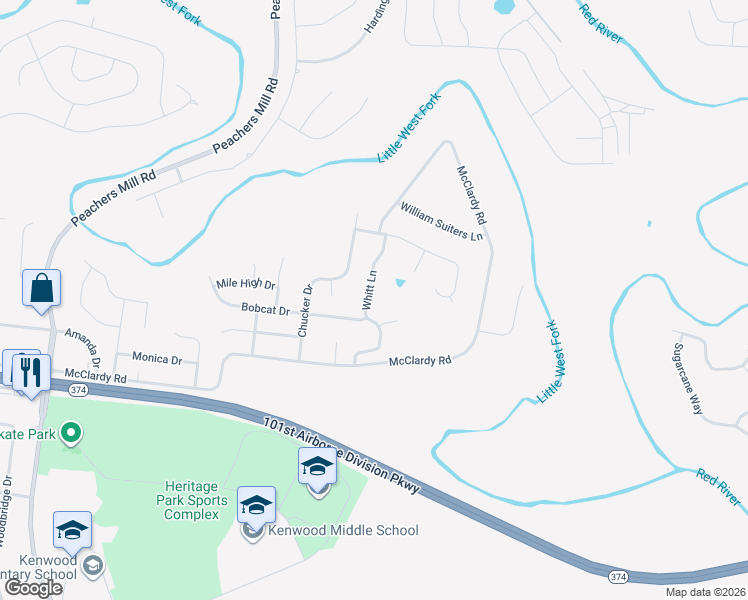 map of restaurants, bars, coffee shops, grocery stores, and more near 1367 Whitt Lane in Clarksville