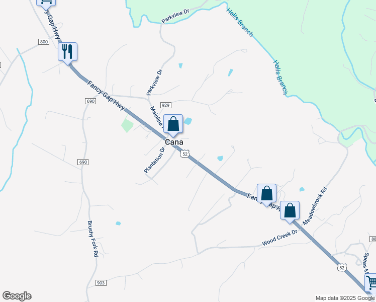 map of restaurants, bars, coffee shops, grocery stores, and more near 13611 Fancy Gap Highway in Cana